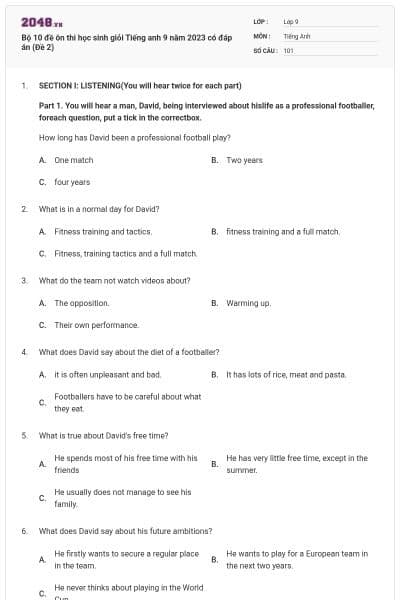 Bộ 10 đề ôn thi học sinh giỏi Tiếng anh 9 năm 2023 có đáp án (Đề 2)