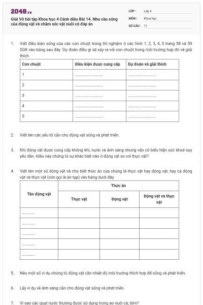 Giải Vở bài tập Khoa học 4 Cánh diều Bài 14. Nhu cầu sống của động vật và chăm sóc vật nuôi có đáp án