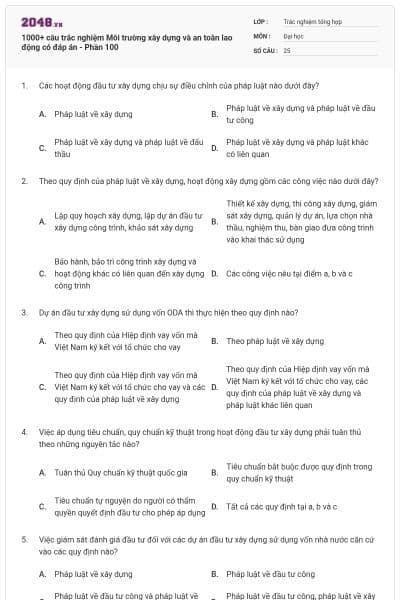 1000+ câu trắc nghiệm Môi trường xây dựng và an toàn lao động có đáp án - Phần 100