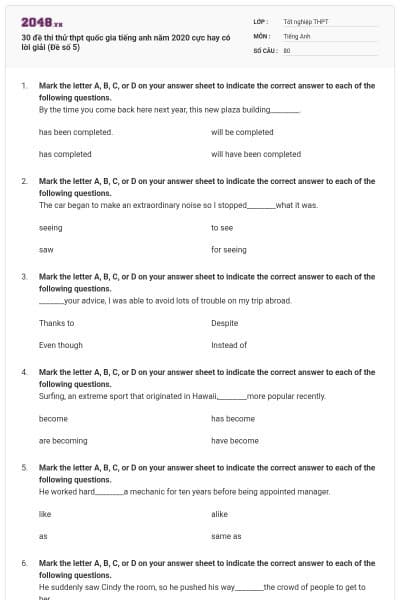 30 đề thi thử thpt quốc gia tiếng anh năm 2020 cực hay có lời giải (Đề số 5)