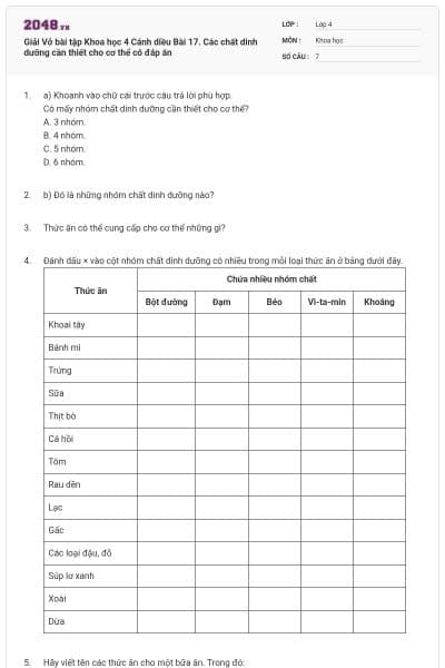 Giải Vở bài tập Khoa học 4 Cánh diều Bài 17. Các chất dinh dưỡng cần thiết cho cơ thể có đáp án
