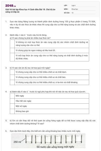 Giải Vở bài tập Khoa học 4 Cánh diều Bài 18. Chế độ ăn uống  có đáp án