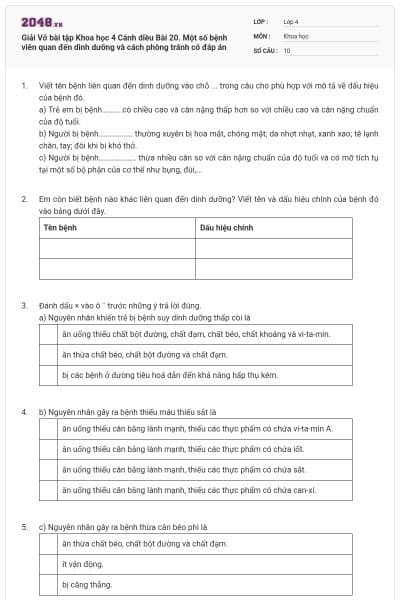 Giải Vở bài tập Khoa học 4 Cánh diều Bài 20. Một số bệnh viên quan đến dinh dưỡng và cách phòng tránh có đáp án