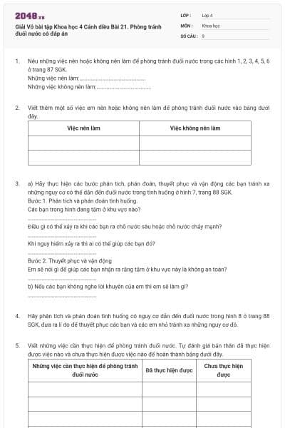 Giải Vở bài tập Khoa học 4 Cánh diều Bài 21. Phòng tránh đuối nước có đáp án
