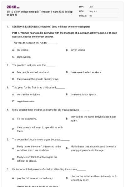 Bộ 10 đề ôn thi học sinh giỏi Tiếng anh 9 năm 2023 có đáp án (Đề 4)