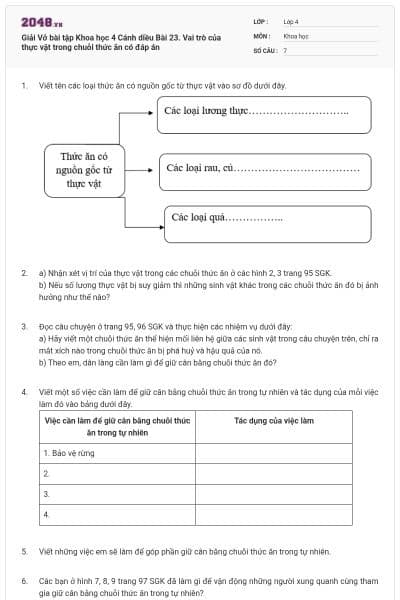 Giải Vở bài tập Khoa học 4 Cánh diều Bài 23. Vai trò của thực vật trong chuỗi thức ăn có đáp án