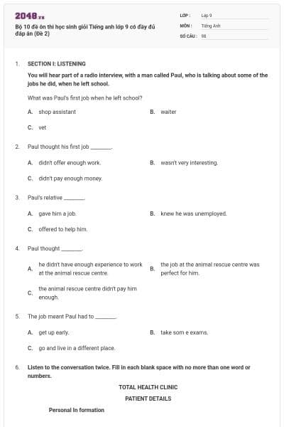 Bộ 10 đề ôn thi học sinh giỏi Tiếng anh lớp 9 có đầy đủ đáp án (Đề 2)