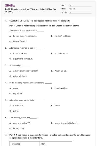 Bộ 10 đề ôn thi học sinh giỏi Tiếng anh 9 năm 2023 có đáp án (Đề 5)