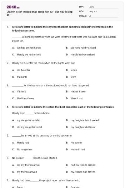 Chuyên đề ôn thi Ngữ pháp Tiếng Anh 12 - Đảo ngữ có đáp án