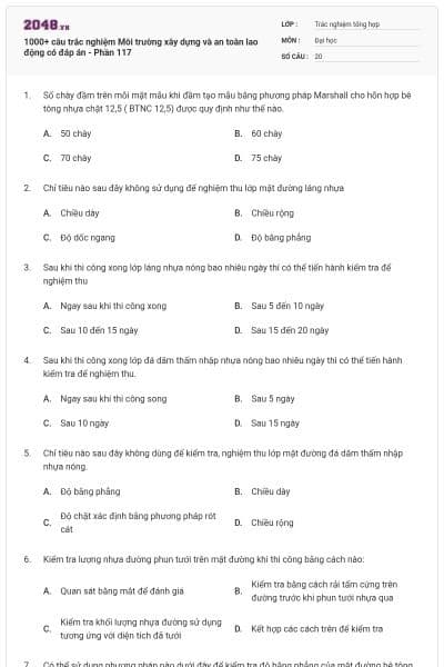 1000+ câu trắc nghiệm Môi trường xây dựng và an toàn lao động có đáp án - Phần 117