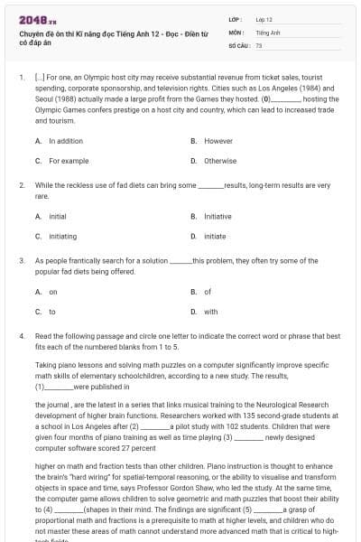Chuyên đề ôn thi Kĩ năng đọc Tiếng Anh 12 - Đọc - Điền từ có đáp án