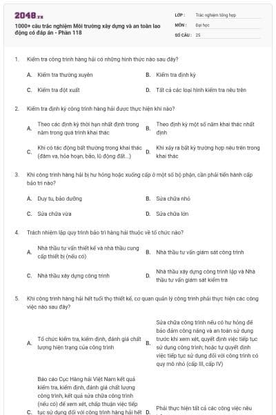 1000+ câu trắc nghiệm Môi trường xây dựng và an toàn lao động có đáp án - Phần 118