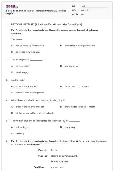 Bộ 10 đề ôn thi học sinh giỏi Tiếng anh 9 năm 2023 có đáp án (Đề 7)