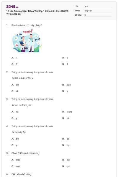 10 câu Trắc nghiệm Tiếng Việt lớp 1 Kết nối tri thức Bài 28: Y y có đáp án