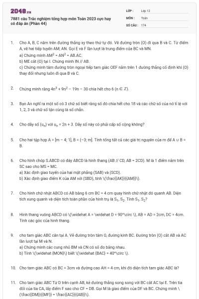 7881 câu  Trắc nghiệm tổng hợp môn Toán 2023 cực hay có đáp án (Phần 44)