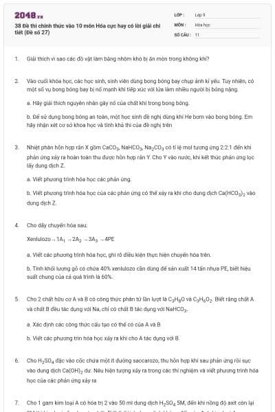 38 Đề thi chính thức vào 10 môn Hóa cực hay có lời giải chi tiết (Đề số 27)