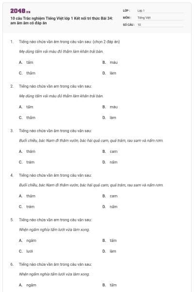10 câu Trắc nghiệm Tiếng Việt lớp 1 Kết nối tri thức Bài 34: am ăm âm có đáp án