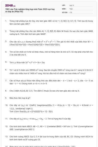 7881 câu Trắc nghiệm tổng hợp môn Toán 2023 cực hay có đáp án (Phần 45)