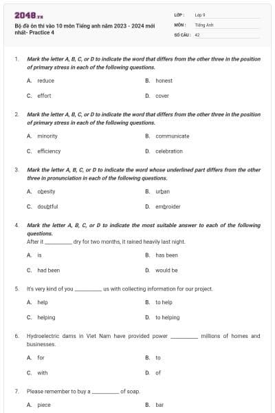 Bộ đề ôn thi vào 10 môn Tiếng anh năm 2023 - 2024 mới nhất- Practice 4