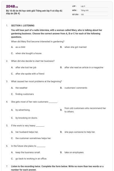 Bộ 10 đề ôn thi học sinh giỏi Tiếng anh lớp 9 có đầy đủ đáp án (Đề 4)
