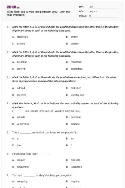 Bộ đề ôn thi vào 10 môn Tiếng anh năm 2023 - 2024 mới nhất- Practice 5