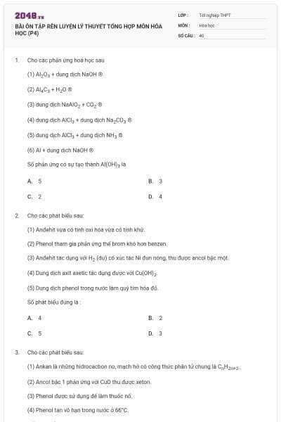 BÀI ÔN TẬP RÈN LUYỆN LÝ THUYẾT TỔNG HỢP MÔN HÓA HỌC (P4)