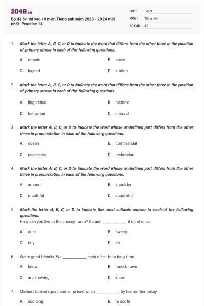 Bộ đề ôn thi vào 10 môn Tiếng anh năm 2023 - 2024 mới nhất- Practice 14