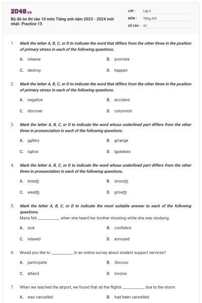 Bộ đề ôn thi vào 10 môn Tiếng anh năm 2023 - 2024 mới nhất- Practice 15