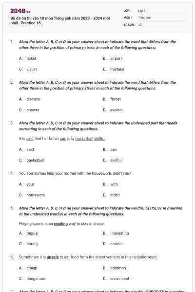 Bộ đề ôn thi vào 10 môn Tiếng anh năm 2023 - 2024 mới nhất- Practice 16