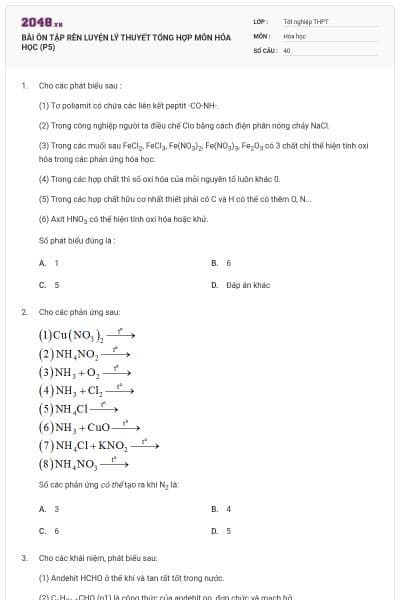 BÀI ÔN TẬP RÈN LUYỆN LÝ THUYẾT TỔNG HỢP MÔN HÓA HỌC (P5)