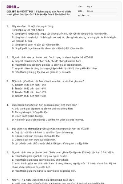 Giải SBT Sử 8 KNTT Bài 1: Cách mạng tư sản Anh và chiến tranh giành độc lập của 13 thuộc địa Anh ở Bắc Mỹ có đáp án