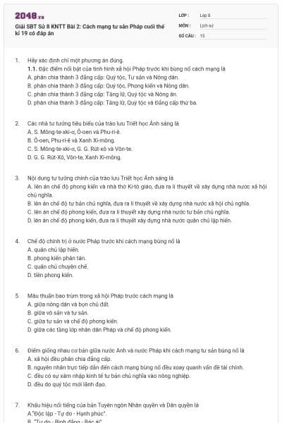 Giải SBT Sử 8 KNTT Bài 2: Cách mạng tư sản Pháp cuối thế kỉ 19 có đáp án