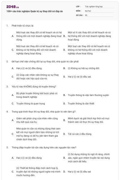 100+ câu trắc nghiệm Quản trị sự thay đổi có đáp án