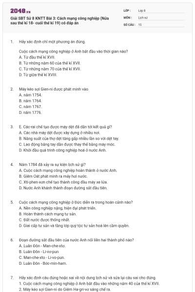 Giải SBT Sử 8 KNTT Bài 3: Cách mạng công nghiệp (Nửa sau thế kỉ 18- cuối thể kỉ 19) có đáp án