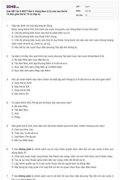 Giải SBT Sử 8 KNTT Bài 4: Đông Nam Á từ nửa sau thế kỉ 16 đến giữa thế kỉ 19 có đáp án