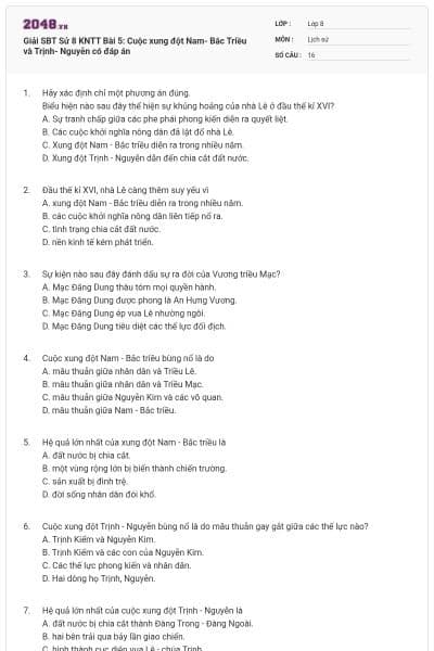 Giải SBT Sử 8 KNTT Bài 5: Cuộc xung đột Nam- Bắc Triều và Trịnh- Nguyễn có đáp án