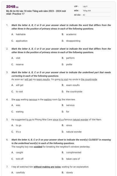 Bộ đề ôn thi vào 10 môn Tiếng anh năm 2023 - 2024 mới nhất- Practice 17