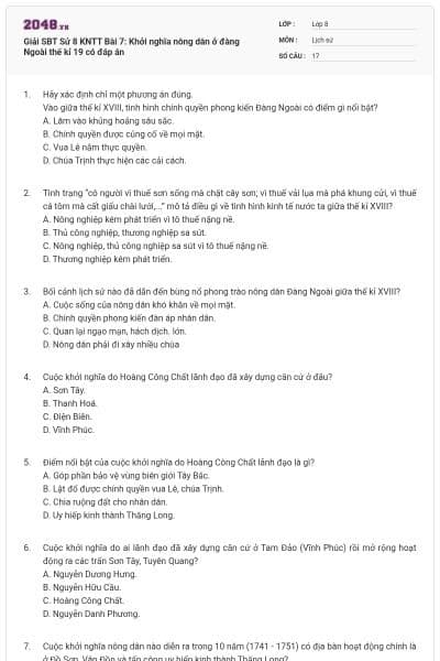 Giải SBT Sử 8 KNTT Bài 7: Khởi nghĩa nông dân ở đàng Ngoài thế kỉ 19 có đáp án