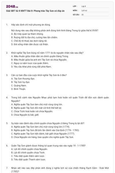 Giải SBT Sử 8 KNTT Bài 8: Phong trào Tây Sơn có đáp án
