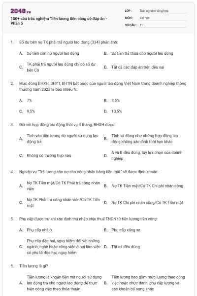 100+ câu trắc nghiệm Tiền lương tiền công có đáp án - Phần 5