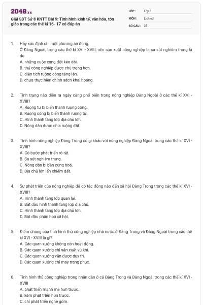 Giải SBT Sử 8 KNTT Bài 9: Tình hình kinh tế, văn hóa, tôn giáo trong các thế kỉ 16- 17 có đáp án