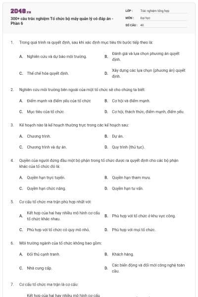 300+ câu trắc nghiệm Tổ chức bộ máy quản lý có đáp án - Phần 6