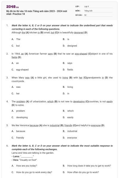 Bộ đề ôn thi vào 10 môn Tiếng anh năm 2023 - 2024 mới nhất- Practice 18