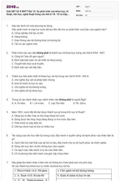 Giải SBT Sử 8 KNTT Bài 13: Sự phát triển của khoa học, kĩ thuật, văn học, nghệ thuật trong các thế kỉ 18- 19 có đáp án