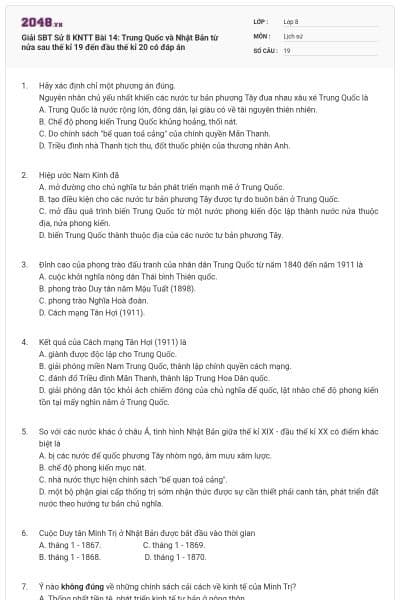 Giải SBT Sử 8 KNTT Bài 14: Trung Quốc và Nhật Bản từ nửa sau thế kỉ 19 đến đầu thế kỉ 20 có đáp án