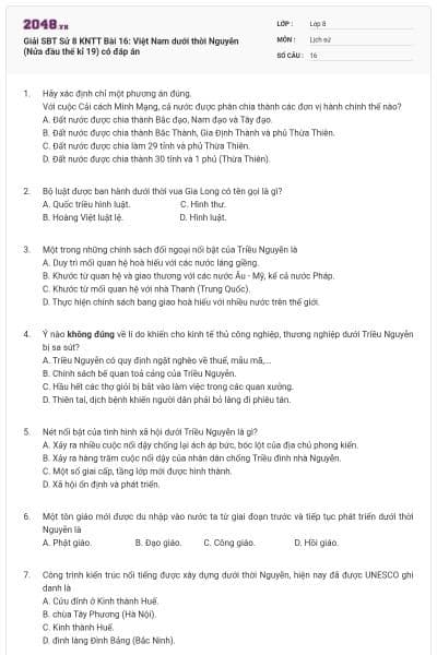 Giải SBT Sử 8 KNTT Bài 16: Việt Nam dưới thời Nguyễn (Nửa đầu thế kỉ 19) có đáp án