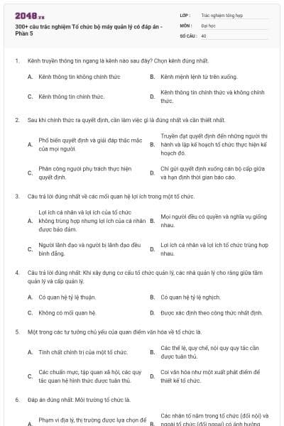 300+ câu trắc nghiệm Tổ chức bộ máy quản lý có đáp án - Phần 5