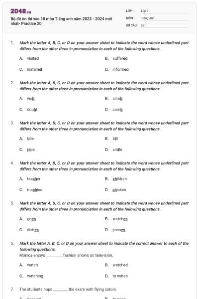 Bộ đề ôn thi vào 10 môn Tiếng anh năm 2023 - 2024 mới nhất- Practice 20