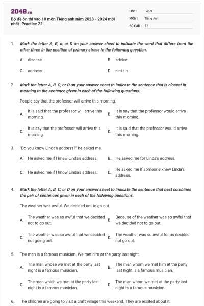 Bộ đề ôn thi vào 10 môn Tiếng anh năm 2023 - 2024 mới nhất- Practice 22