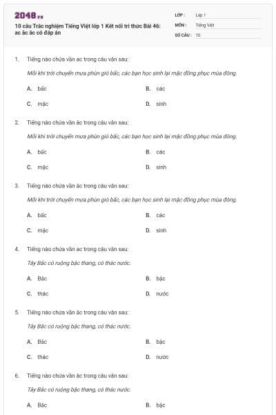 10 câu Trắc nghiệm Tiếng Việt lớp 1 Kết nối tri thức Bài 46: ac ăc âc có đáp án